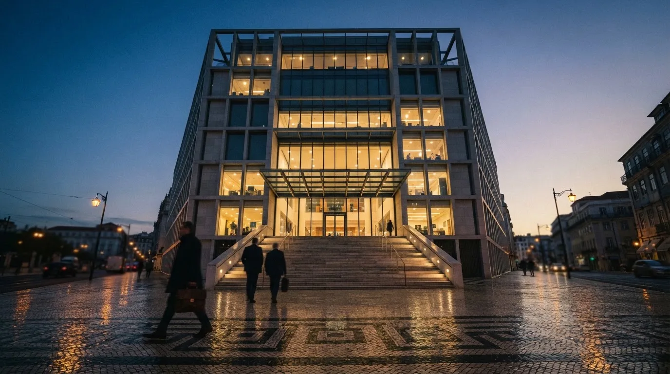 Fachada de um edifício administrativo moderno em Lisboa ao entardecer, com janelas amplas, calçada portuguesa e algumas pessoas a passar.