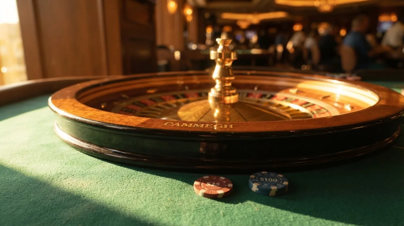 Roda de roleta e fichas sobre feltro verde, sob uma luz quente de fim de tarde — casinos com bônus em portugal