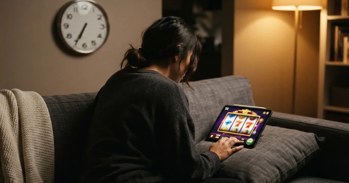 Pessoa num sofá a olhar pensativa para um tablet, com um relógio na parede atrás — casinos com bônus em portugal