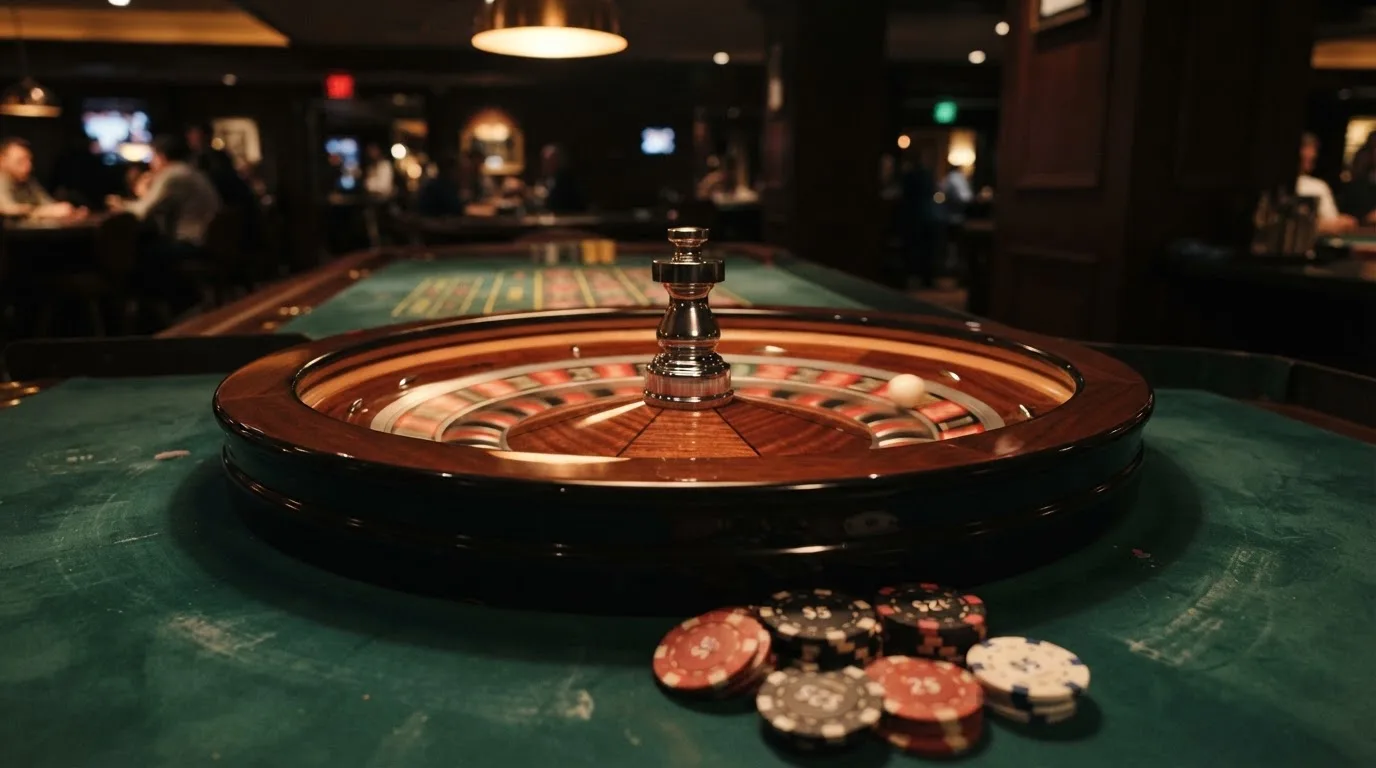 Roda de roleta e fichas sobre feltro verde, sob uma luz quente de fim de tarde — casinos com depósito mínimo pt
