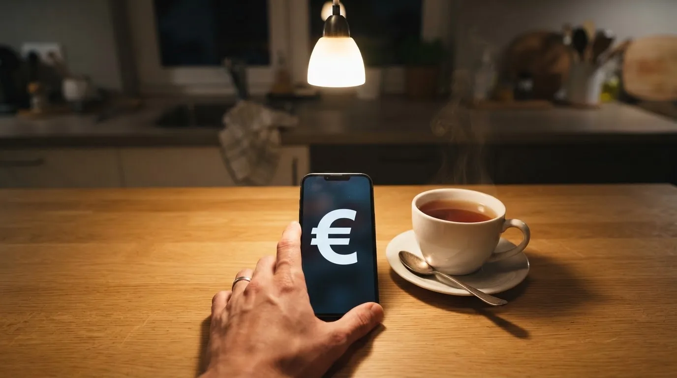 Mão a segurar um telemóvel ao lado de uma chávena de chá numa mesa de cozinha, numa noite tranquila — casinos com dinheiro em portugal