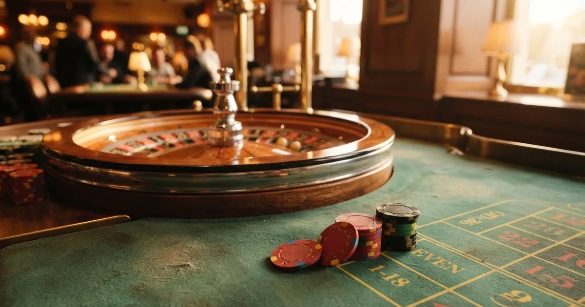 Roda de roleta e fichas sobre feltro verde, sob uma luz quente de fim de tarde — casinos com dinheiro em portugal