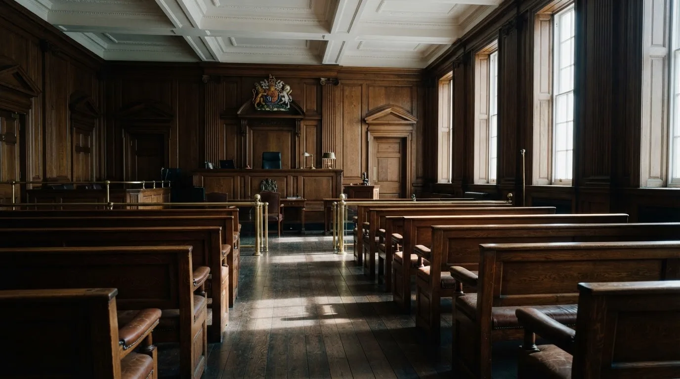 Sala de tribunal vazia com painéis de madeira, à luz da manhã — casinos com google pay em portugal