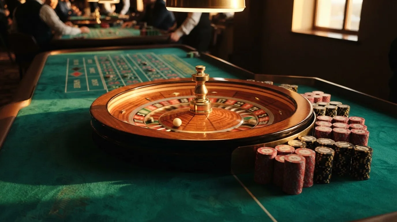 Roda de roleta e fichas sobre feltro verde, sob uma luz quente de fim de tarde — casinos com google pay em portugal