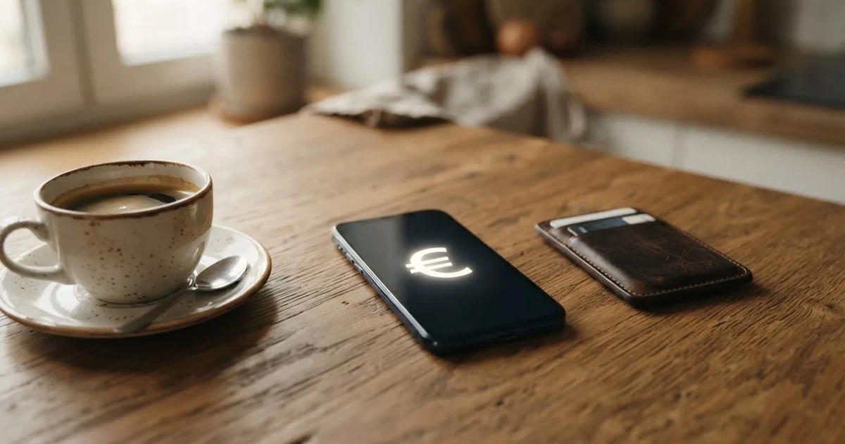 Telemóvel numa mesa de madeira ao lado de uma carteira e de uma chávena de café — casinos com google pay em portugal