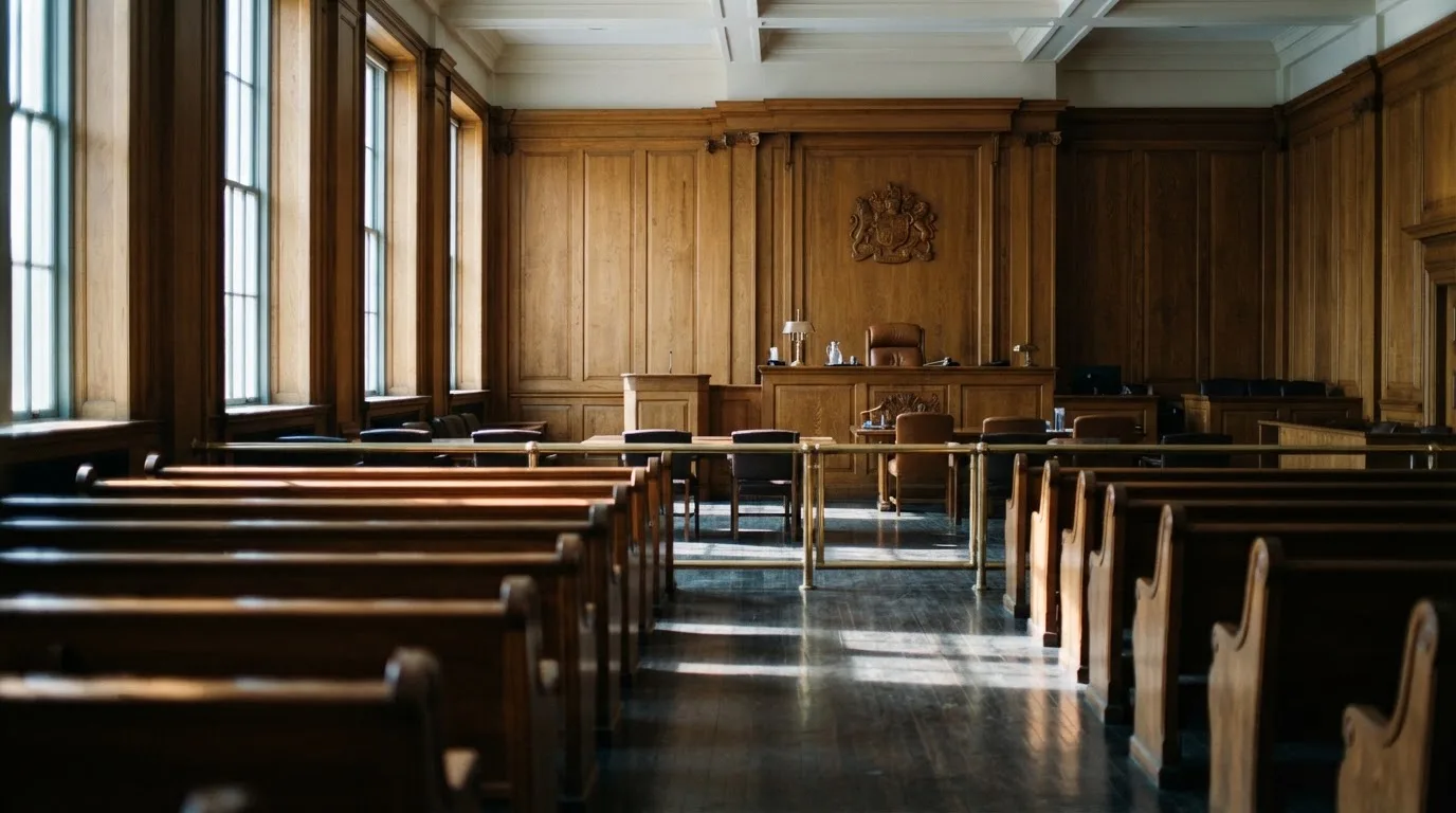 Sala de tribunal vazia com painéis de madeira, à luz da manhã — casinos com maestro em portugal