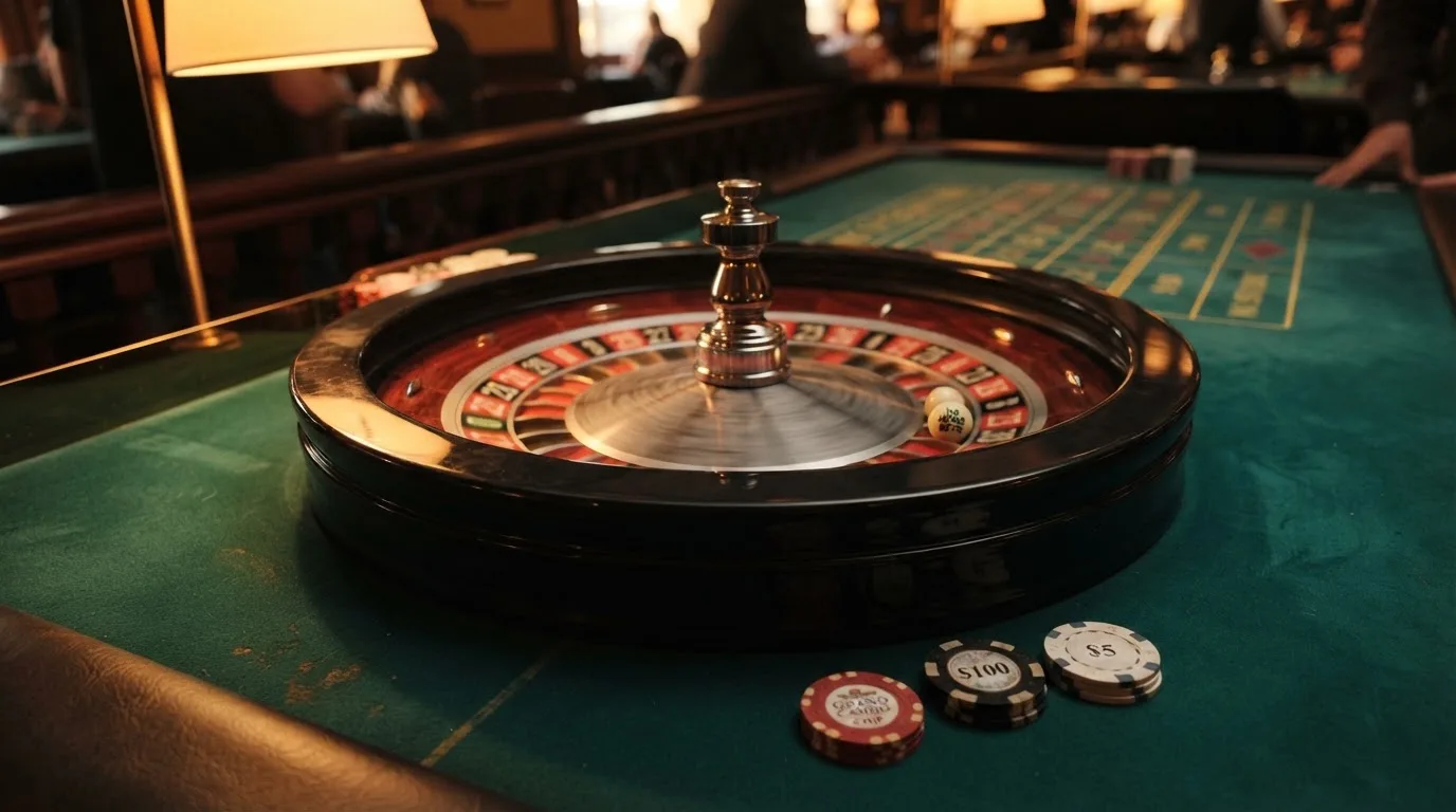 Roda de roleta e fichas sobre feltro verde, sob uma luz quente de fim de tarde — casinos com maestro em portugal