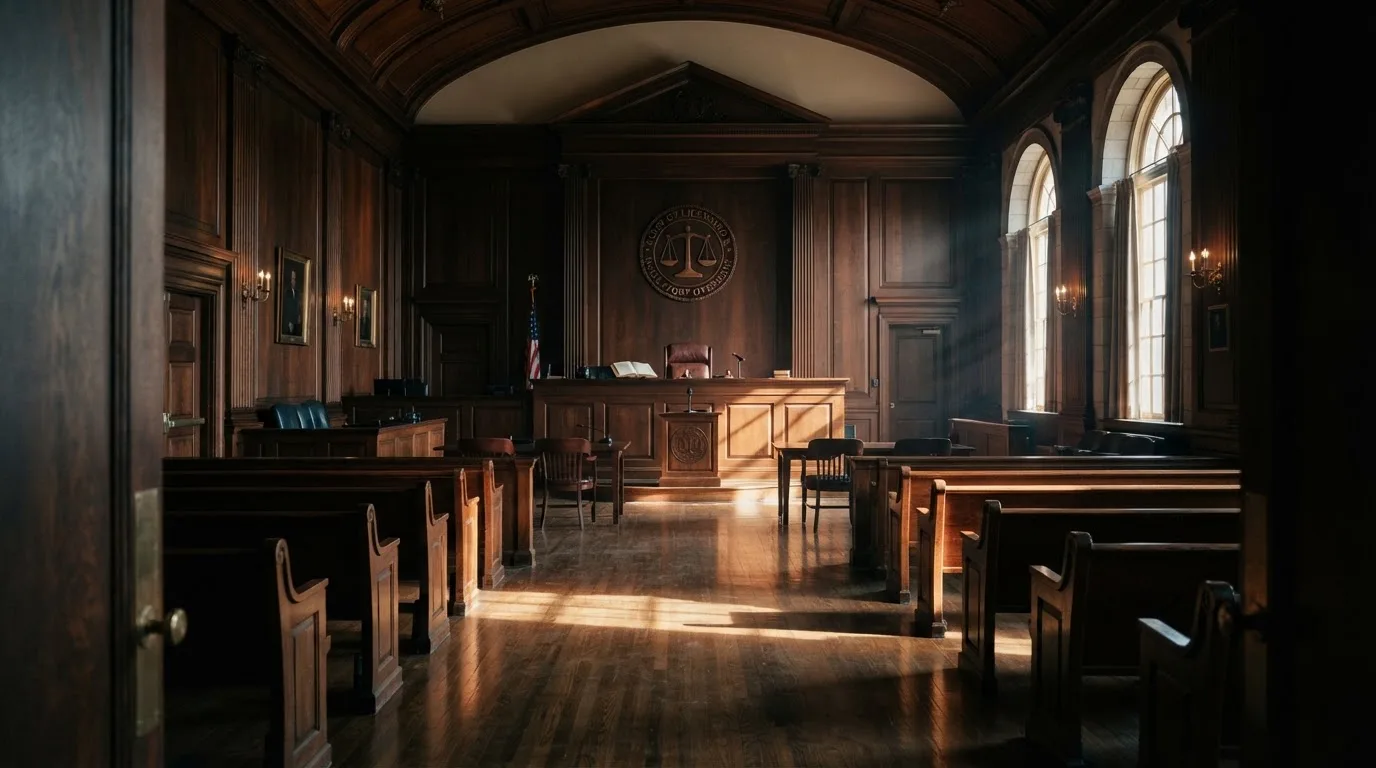 Sala de tribunal vazia com painéis de madeira, à luz da manhã — casinos com mastercard em portugal