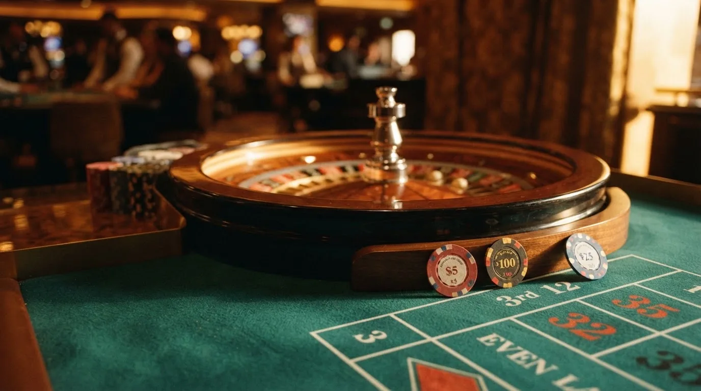 Roda de roleta e fichas sobre feltro verde, sob uma luz quente de fim de tarde — casinos com mastercard em portugal