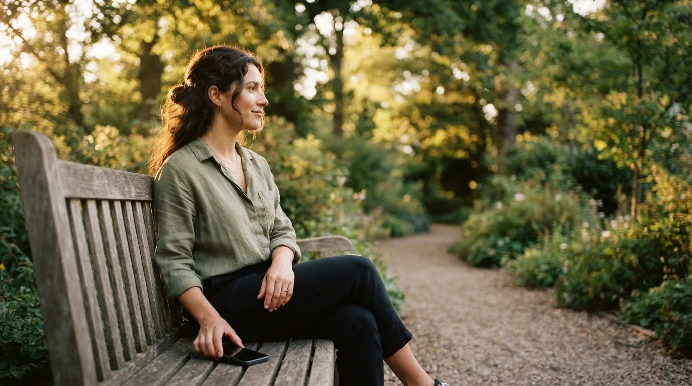 Mulher sentada num banco de jardim a pousar o telemóvel com um gesto calmo, árvores ao fundo e luz dourada.