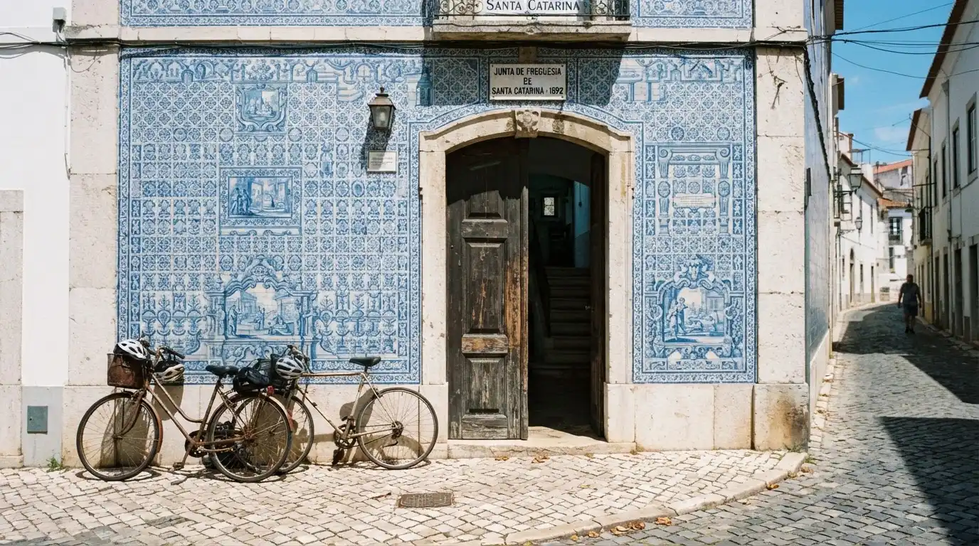 Fachada de uma repartição pública portuguesa com azulejos azuis e brancos, porta aberta e bicicletas encostadas, luz do meio-dia.