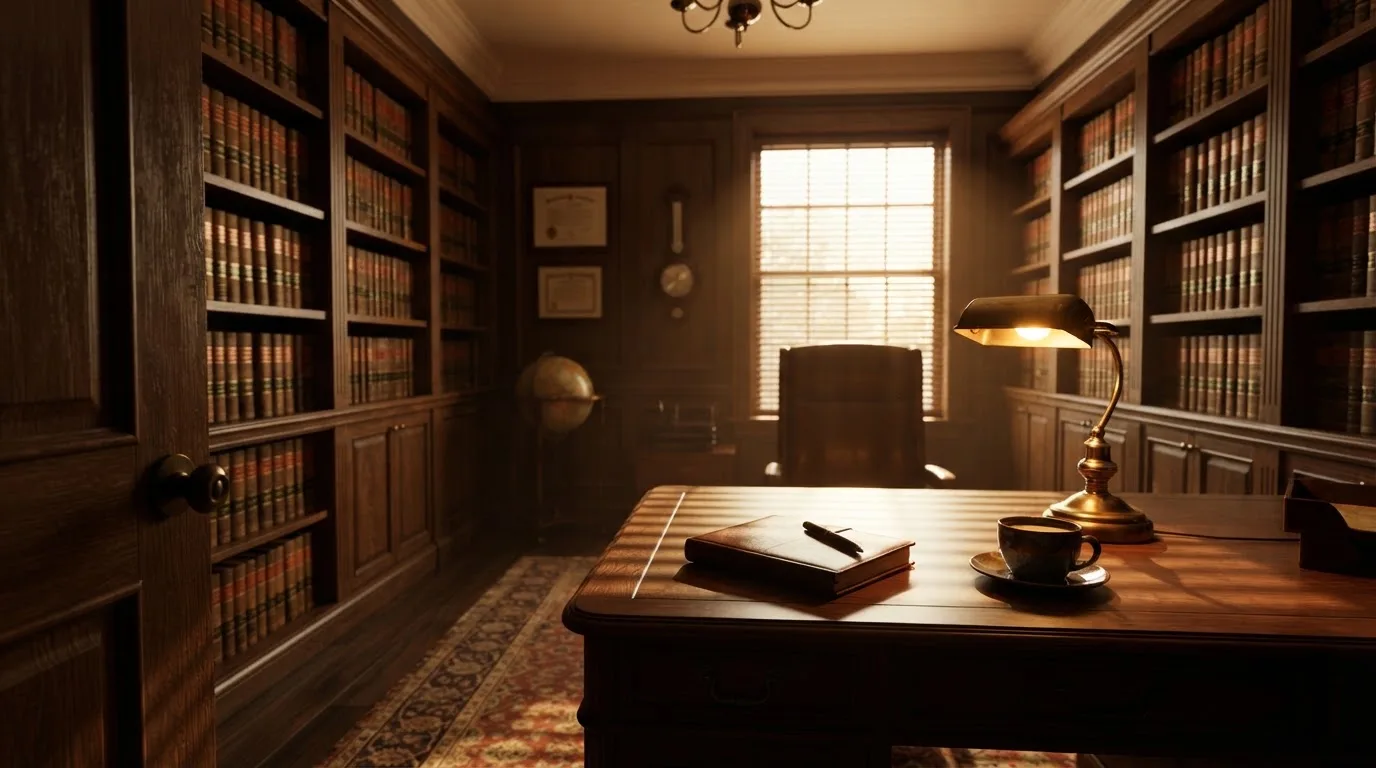 Escritório de advocacia com secretária de madeira, candeeiro de leitura e estantes de livros, sem pessoas, luz tranquila de fim de tarde.
