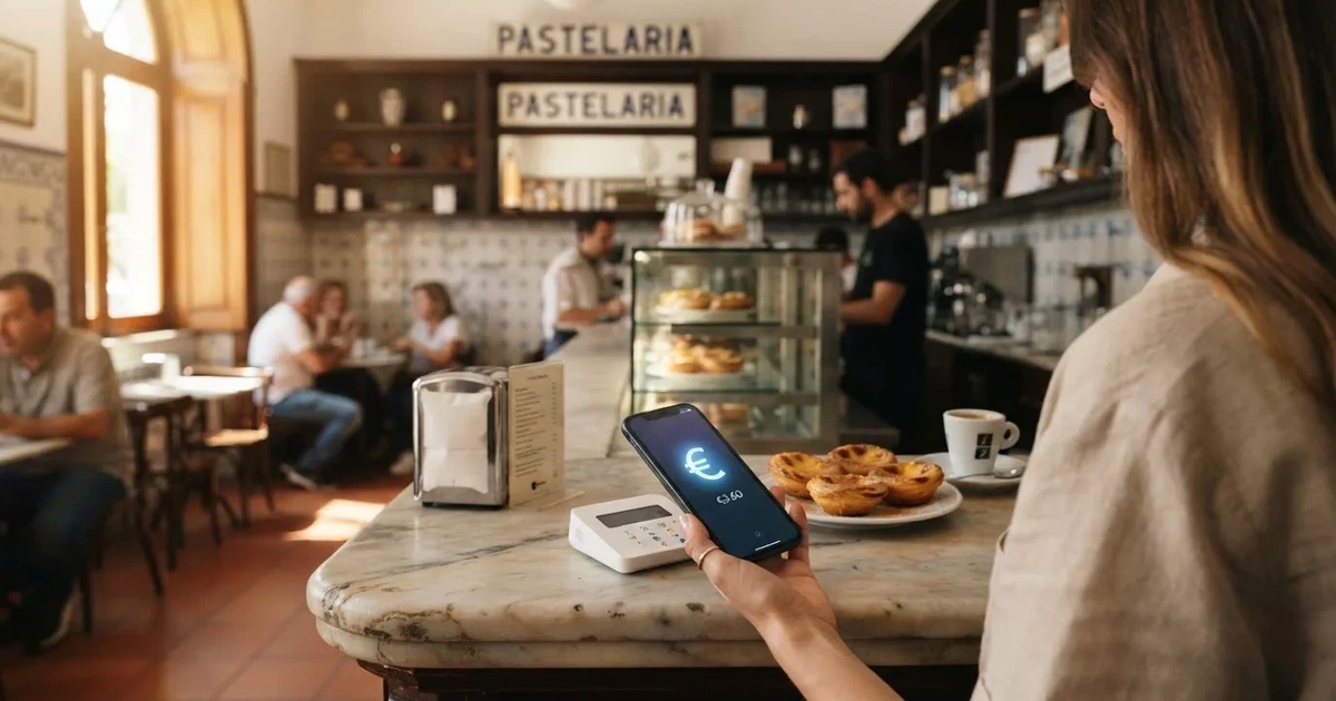 Cliente numa pastelaria portuguesa a pagar com o telemóvel num terminal discreto, balcão de vidro com pastéis desfocados ao fundo.