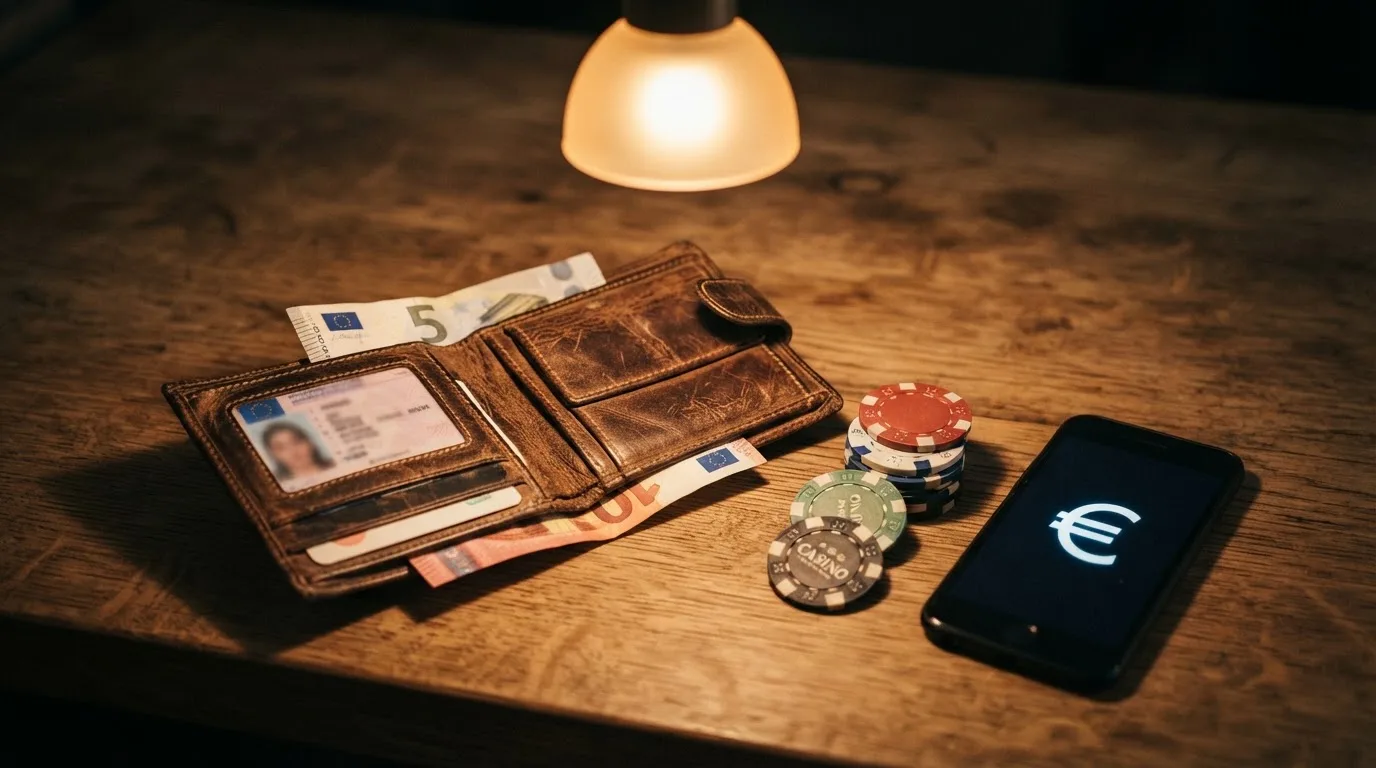 Carteira de couro aberta com notas de euro e moedas ao lado de um telemóvel, sobre uma bancada de madeira.