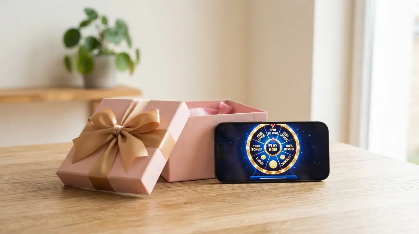 Caixa de oferta com laço dourado aberta sobre uma mesa de madeira, ao lado de um telemóvel pousado, luz suave de dia.