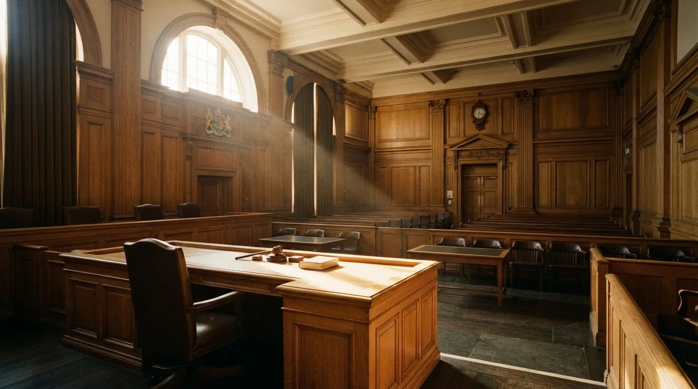 Sala de tribunal vazia com painéis de madeira, à luz da manhã — casinos com mifinity em portugal