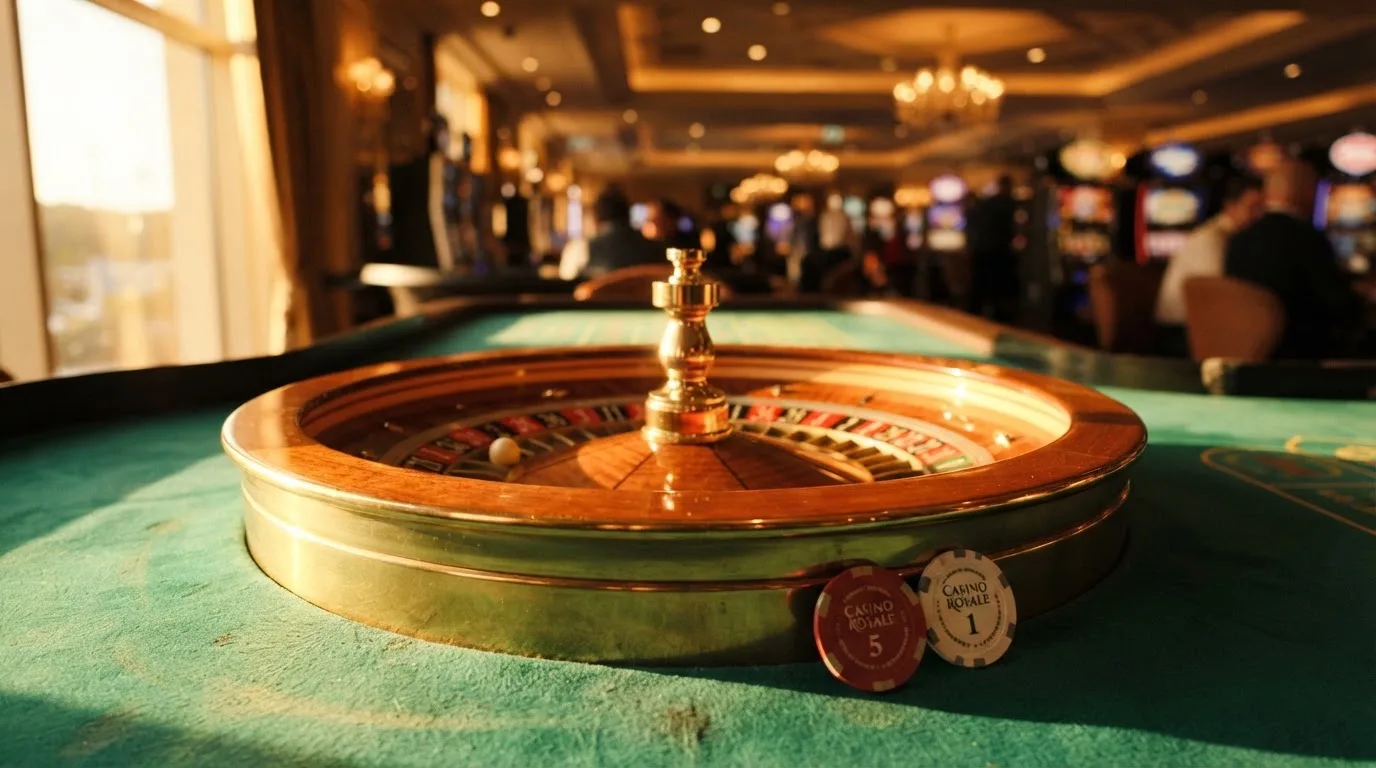 Roda de roleta e fichas sobre feltro verde, sob uma luz quente de fim de tarde — casinos com mifinity em portugal