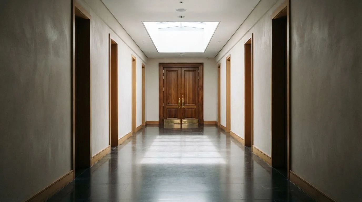 Corredor de um tribunal moderno com portas de madeira e pavimento polido, sem pessoas, luz natural vinda de uma claraboia.