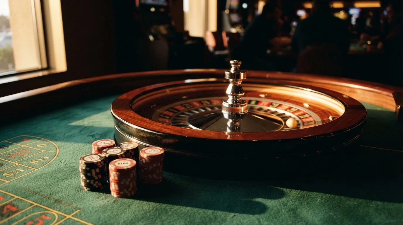 Roda de roleta e fichas sobre feltro verde, sob uma luz quente de fim de tarde — casinos com neteller em portugal
