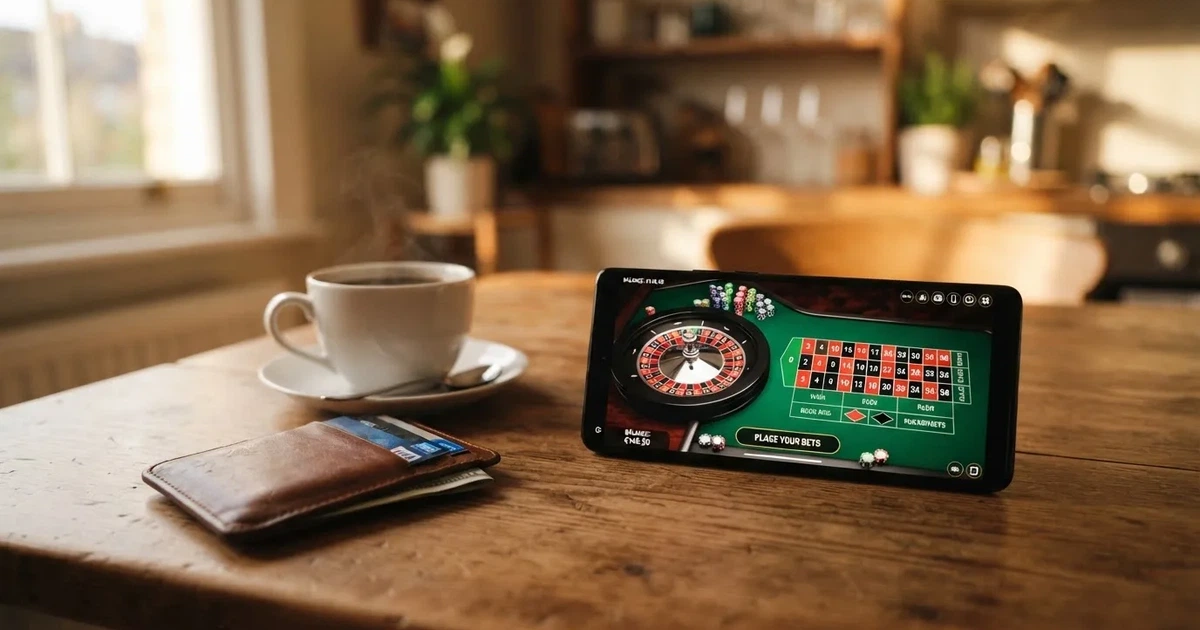 Telemóvel numa mesa de madeira ao lado de uma carteira e de uma chávena de café — casinos com neteller em portugal