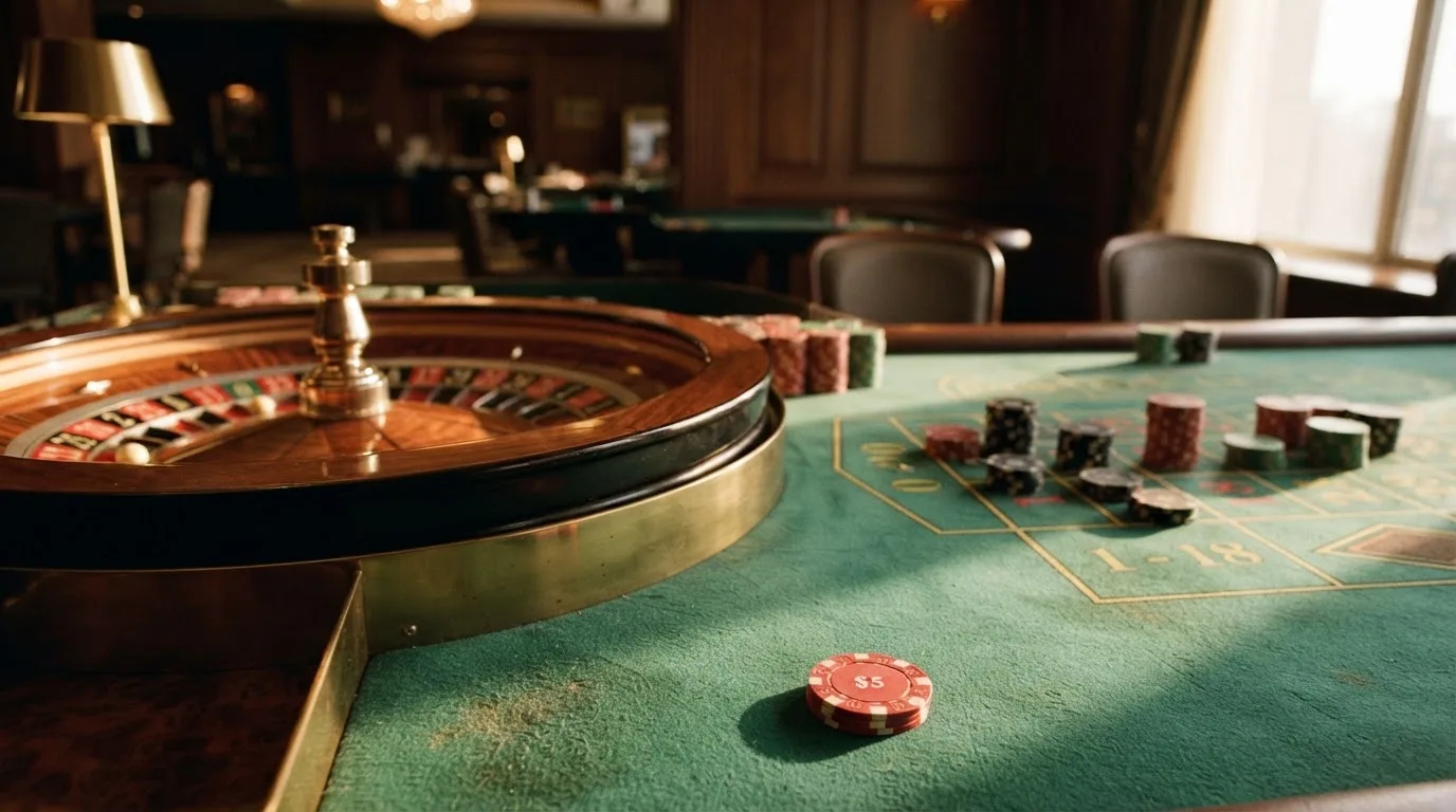 Roda de roleta e fichas sobre feltro verde, sob uma luz quente de fim de tarde — casinos com paypal em portugal