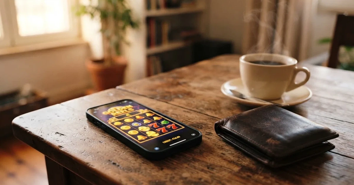 Telemóvel numa mesa de madeira ao lado de uma carteira e de uma chávena de café — casinos com paypal em portugal