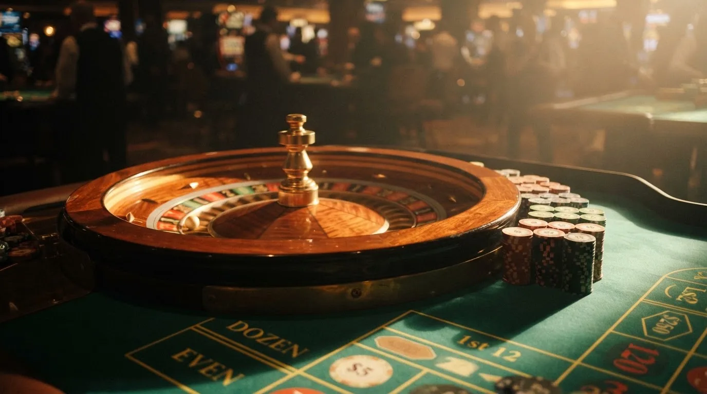 Roda de roleta e fichas sobre feltro verde, sob uma luz quente de fim de tarde — casinos com paysafecard em portugal