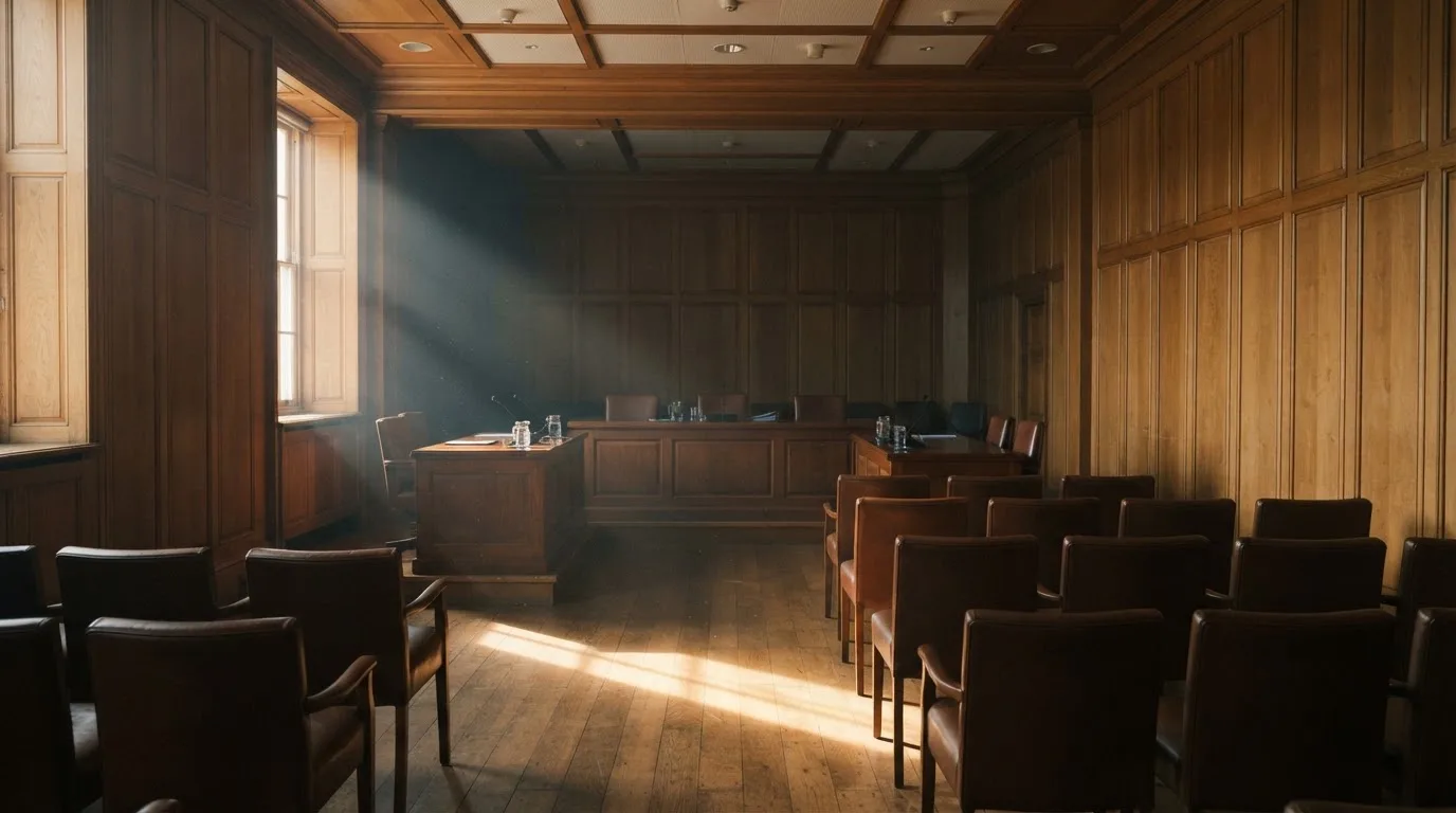 Sala de tribunal vazia com painéis de madeira, à luz da manhã — casinos com payu em portugal