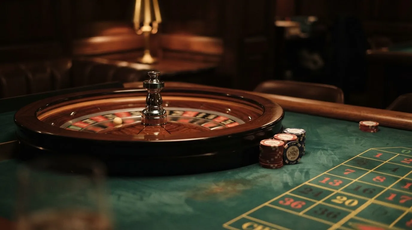Roda de roleta e fichas sobre feltro verde, sob uma luz quente de fim de tarde — casinos com payu em portugal