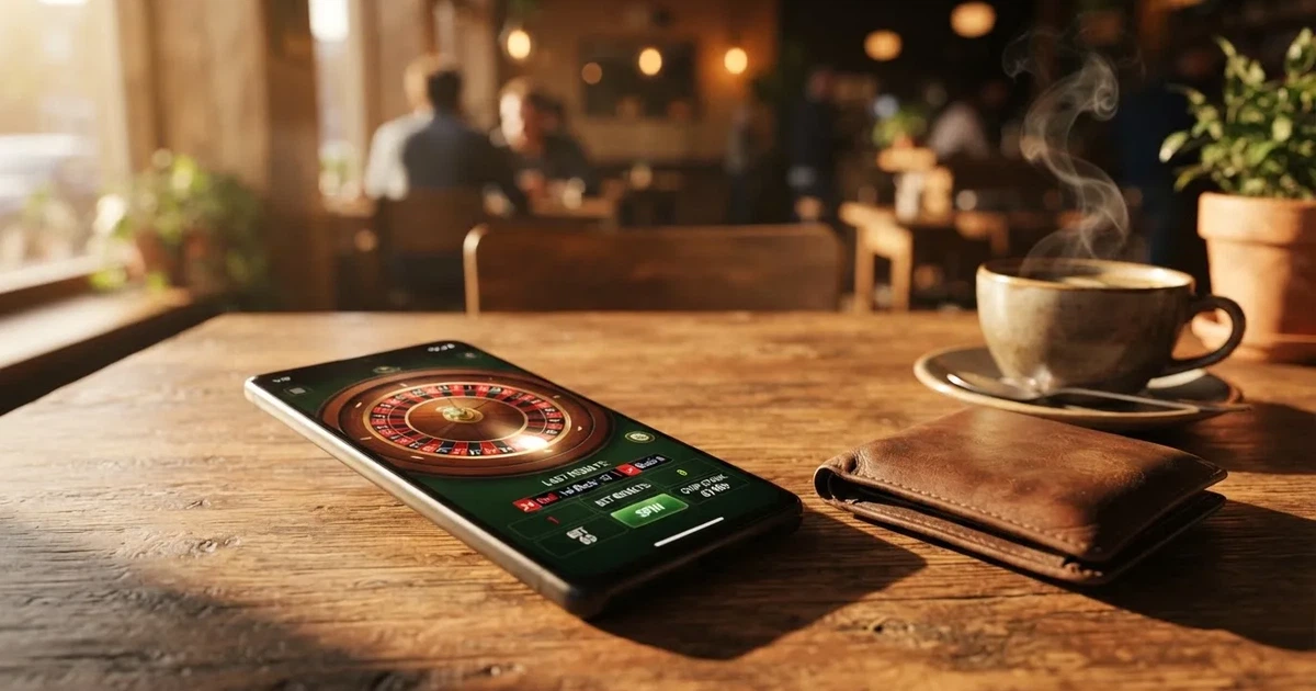 Telemóvel numa mesa de madeira ao lado de uma carteira e de uma chávena de café — casinos com payu em portugal