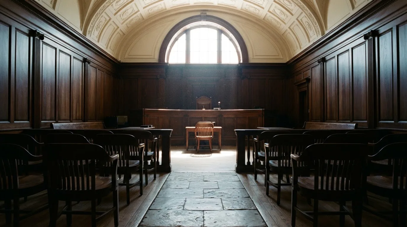 Sala de tribunal vazia com painéis de madeira, à luz da manhã — casinos com rodadas em portugal