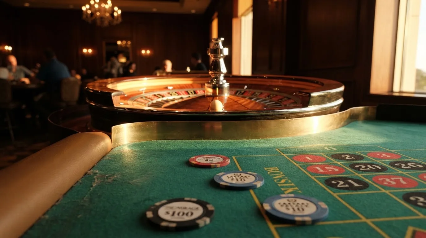 Roda de roleta e fichas sobre feltro verde, sob uma luz quente de fim de tarde — casinos com rodadas em portugal