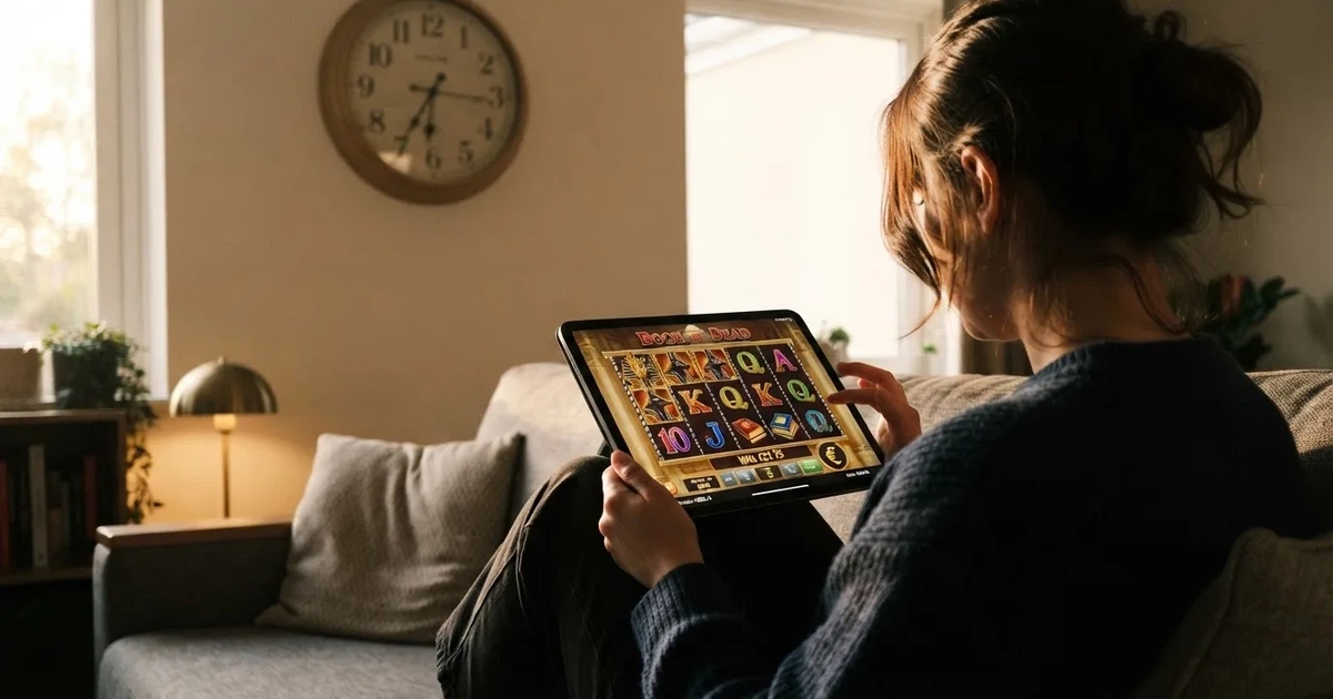 Pessoa num sofá a olhar pensativa para um tablet, com um relógio na parede atrás — casinos com rodadas em portugal