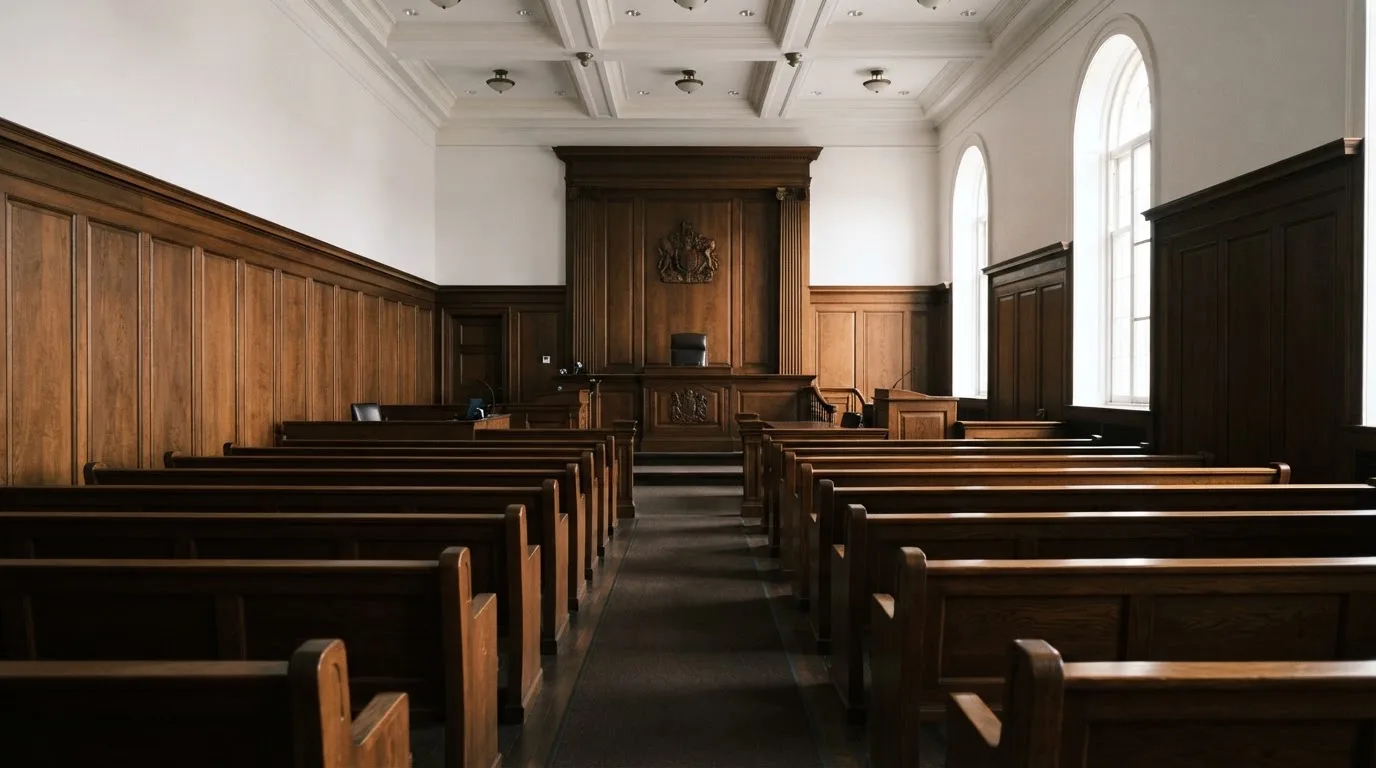 Sala de tribunal vazia com painéis de madeira, à luz da manhã — casinos com skrill em portugal