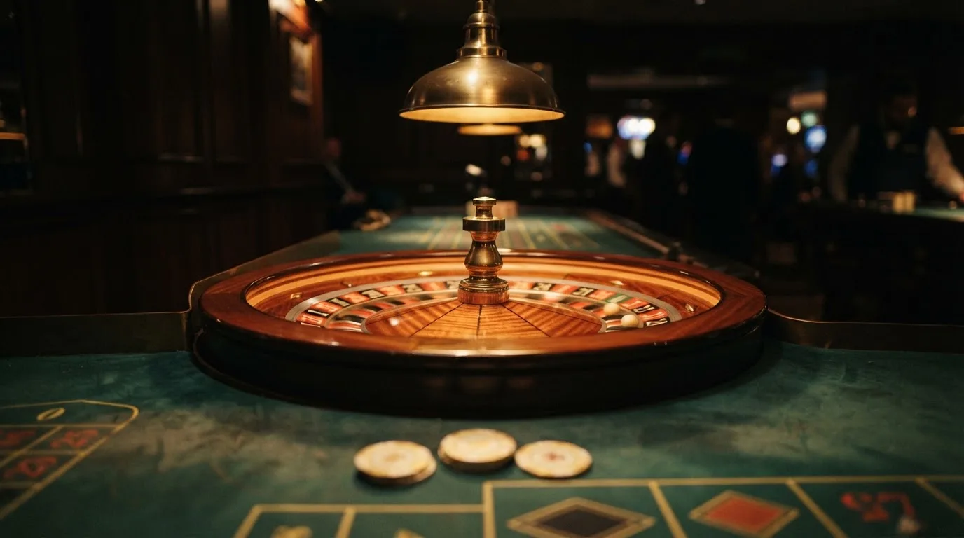 Roda de roleta e fichas sobre feltro verde, sob uma luz quente de fim de tarde — casinos com skrill em portugal