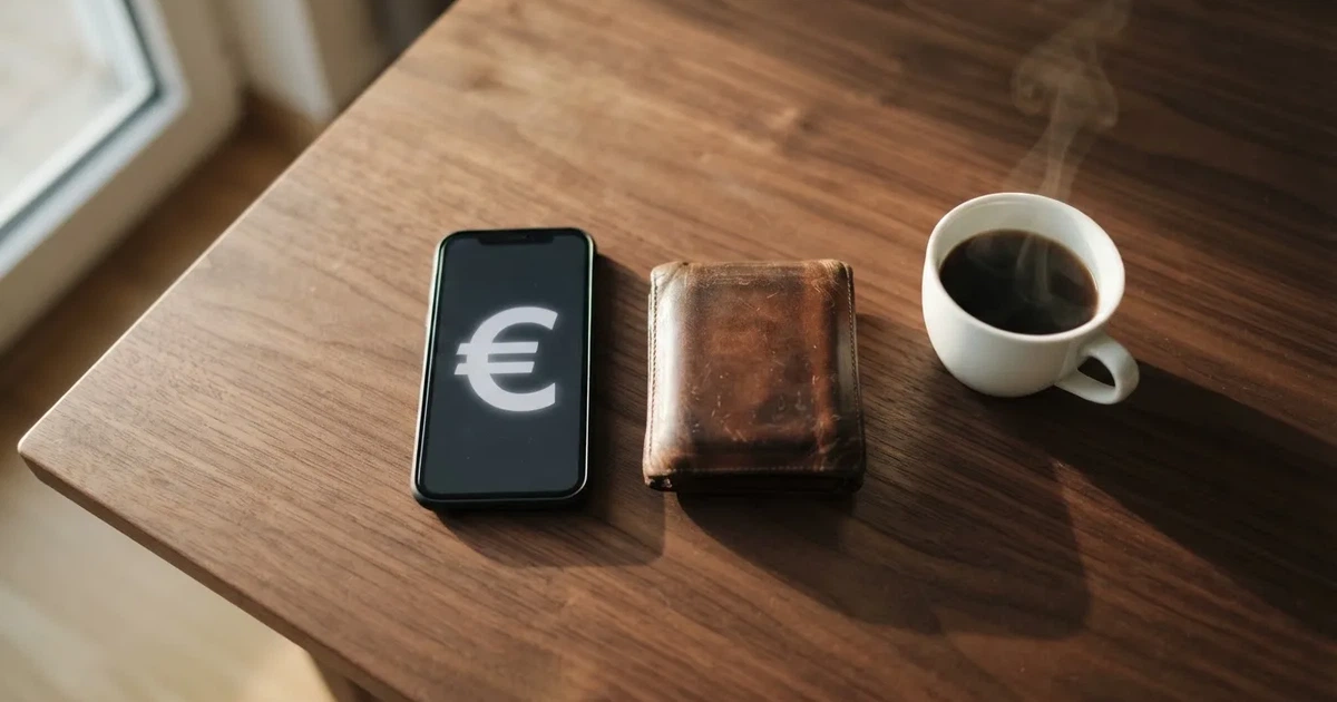 Telemóvel numa mesa de madeira ao lado de uma carteira e de uma chávena de café — casinos com skrill em portugal