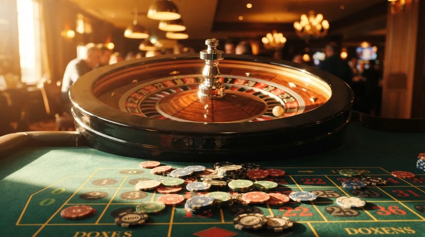 Roda de roleta e fichas sobre feltro verde, sob uma luz quente de fim de tarde — casinos com transferência bancária pt