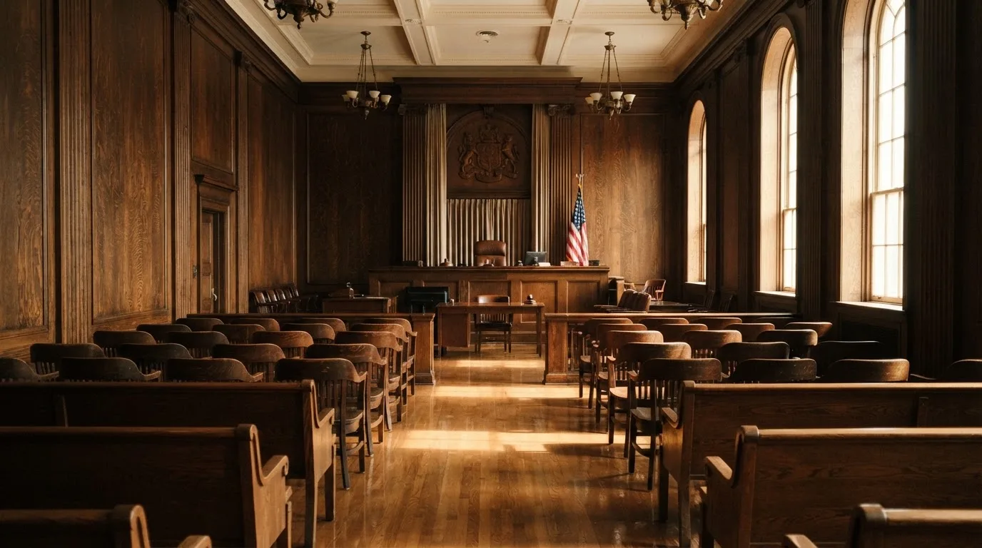 Sala de tribunal vazia com painéis de madeira, à luz da manhã — casinos com visa em portugal