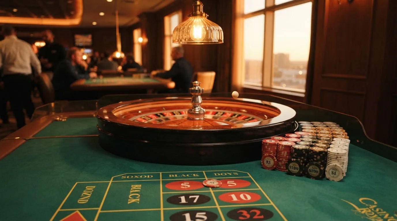 Roda de roleta e fichas sobre feltro verde, sob uma luz quente de fim de tarde — casinos com visa em portugal