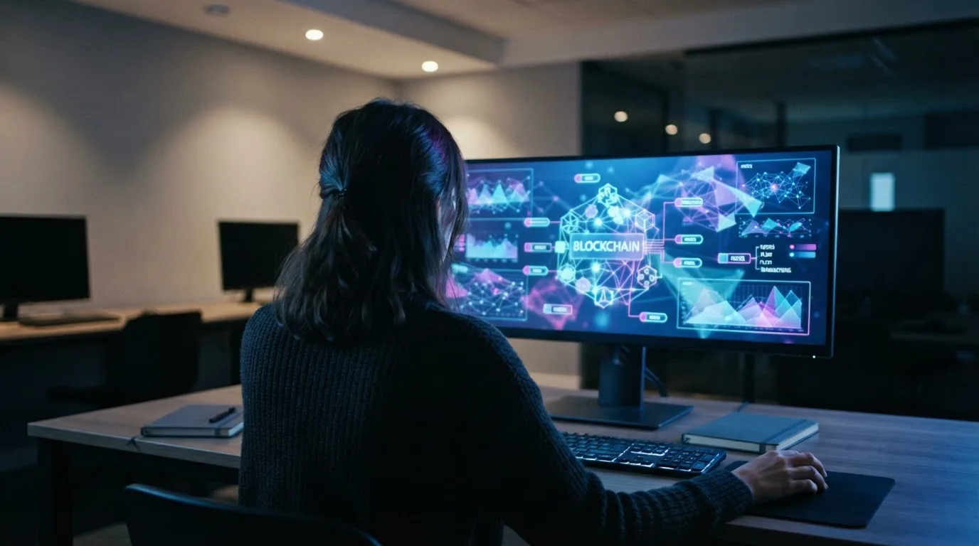 Mulher numa sala de computadores a observar um monitor com formas luminosas abstratas, ambiente de escritório moderno.
