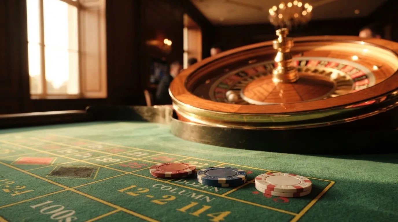 Roda de roleta e fichas sobre feltro verde, sob uma luz quente de fim de tarde — casinos grátis em portugal