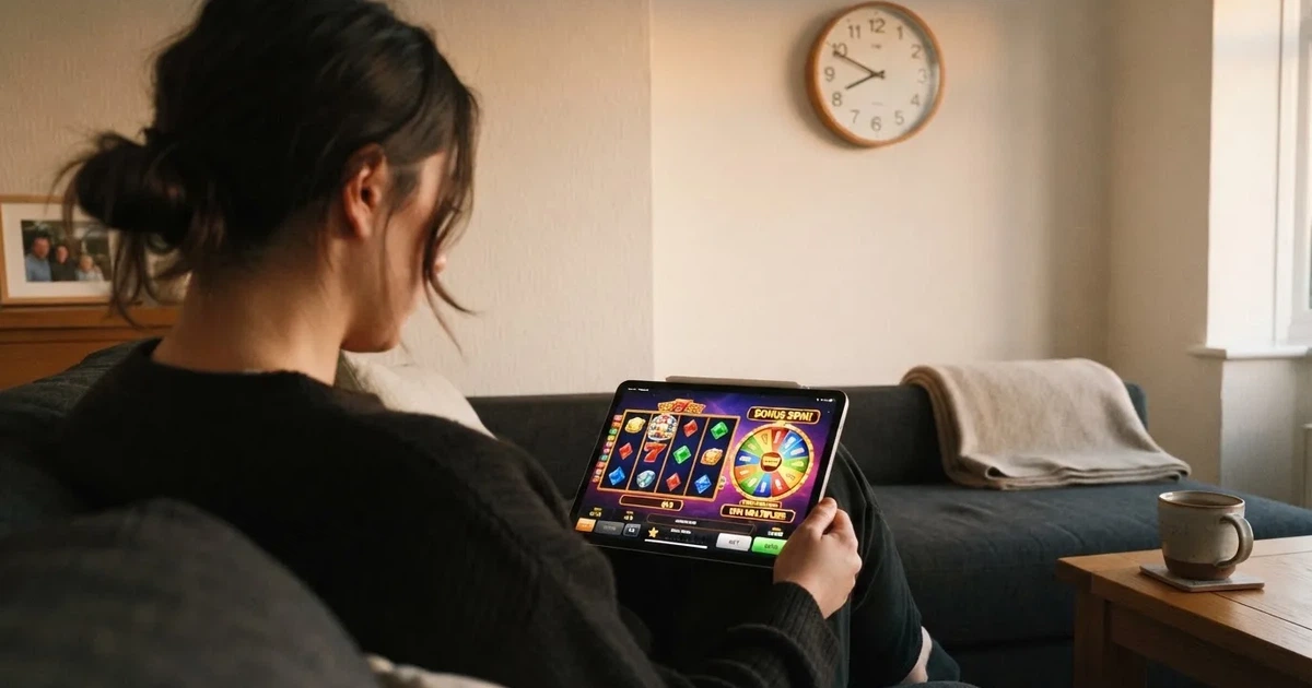 Pessoa num sofá a olhar pensativa para um tablet, com um relógio na parede atrás — casinos grátis em portugal