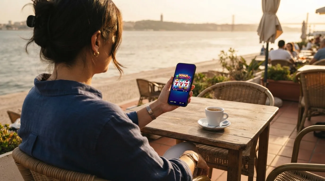 Pessoa a jogar no telemóvel numa esplanada, com um café pousado na mesa e o rio ao fundo, sob sol suave.