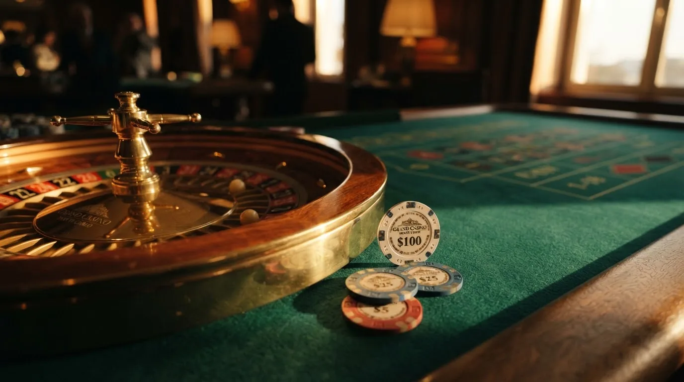 Roda de roleta e fichas sobre feltro verde, sob uma luz quente de fim de tarde — casinos online com depósito pt