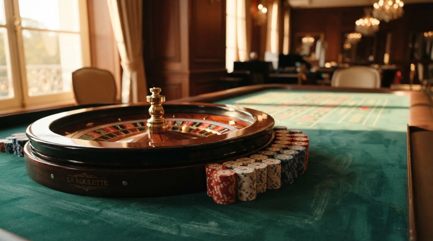 Roda de roleta e fichas sobre feltro verde, sob uma luz quente de fim de tarde — casinos online grátis em portugal