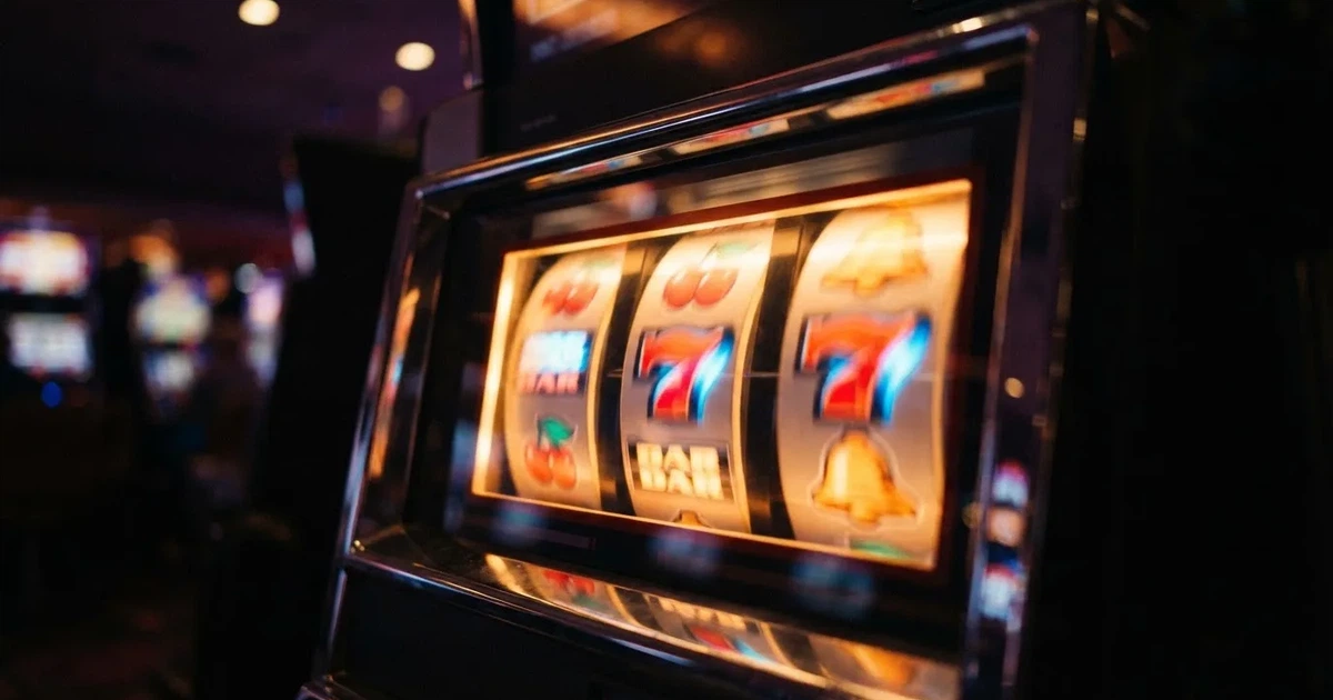 Rolos luminosos de uma slot machine numa sala escura, em grande plano — casinos online grátis em portugal