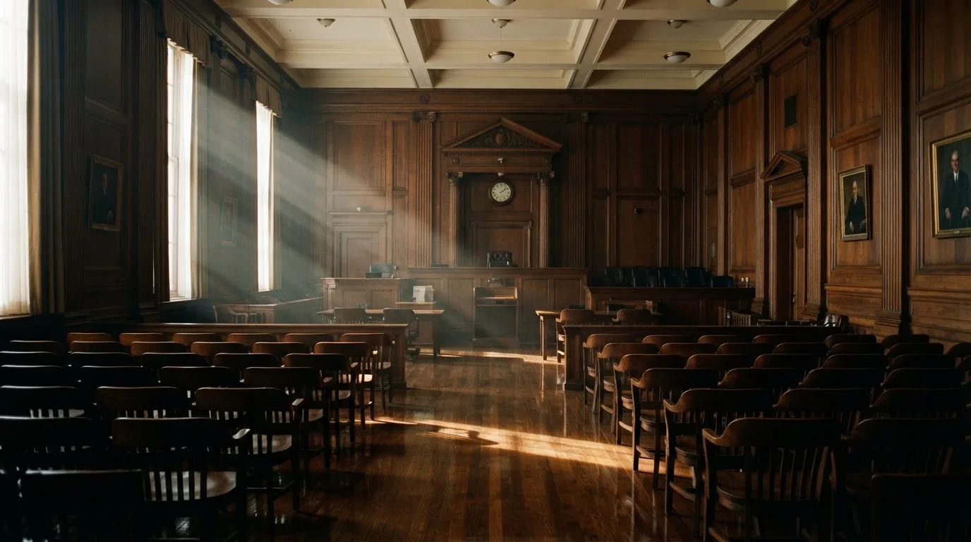 Sala de tribunal vazia com painéis de madeira, à luz da manhã — casinos online sem depósito pt