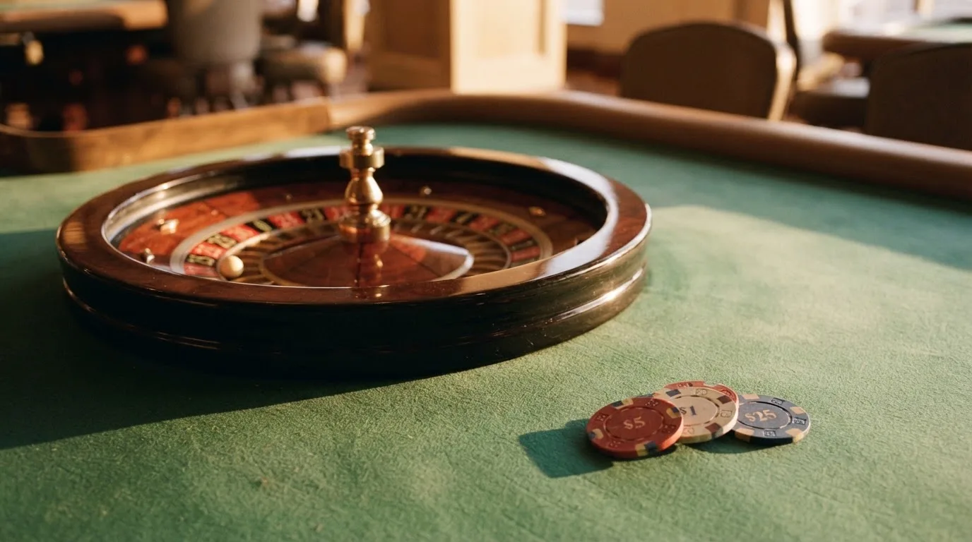 Roda de roleta e fichas sobre feltro verde, sob uma luz quente de fim de tarde — casinos online sem depósito pt