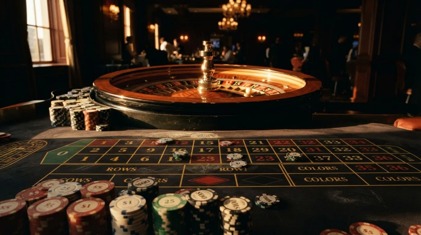 Roda de roleta e fichas sobre feltro verde, sob uma luz quente de fim de tarde — casinos para ganhar dinheiro pt