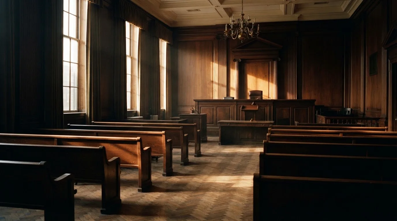 Sala de tribunal vazia com painéis de madeira, à luz da manhã — cassino com bônus em portugal